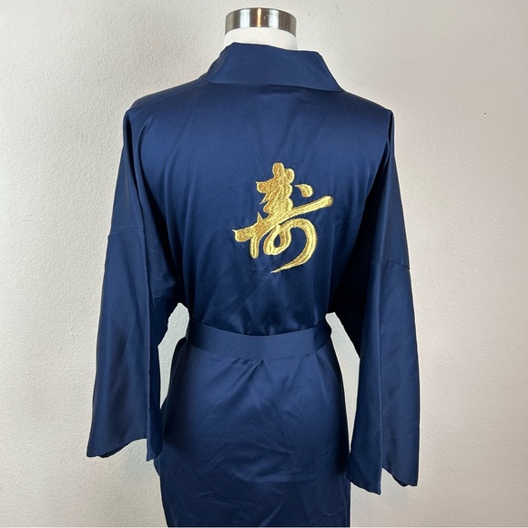 Authentic Japanese Navy Blue Gold Embroidered Kimono Robe - Picture 9 of 14